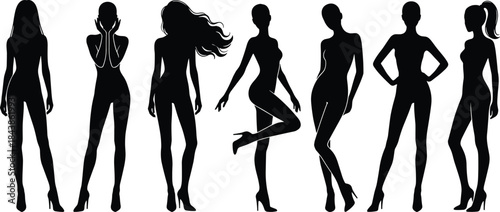 Modern female body silhouettes set featuring elegant women poses, stylish curves, fashion attitude, confident stance, black isolated vector collection