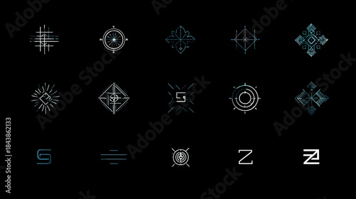 Abstract Futuristic Graphic Elements Collection for UI/UX Design. Sci-Fi HUD Symbols and Modern Technology Icons on Black Background
