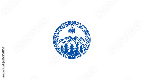 Blue circular emblem with stylized mountains, coniferous forest, and heraldic details on a clean white background, representing nature and environment.