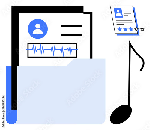 Document folder with health report, music note, and rating card. Ideal for data management, health monitoring, music curation, evaluation, user profiles research and organization. Simple flat