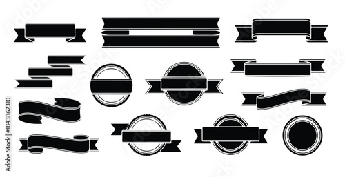 Set of 14 black empty silhouette ribbon banners and seals with thick outline on white background