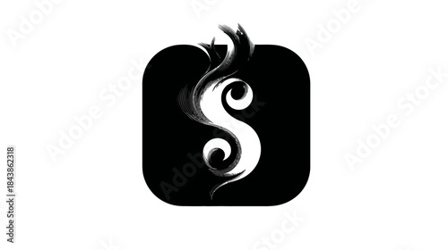 Elegant stylized uppercase S letter icon. Abstract black and white graphic design element or modern app symbol on dark background.