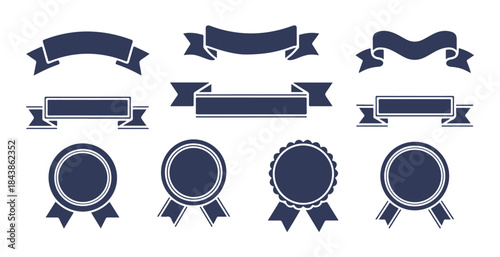 Collection of nine blue vintage blank scroll ribbons and round rosettes award seals on white