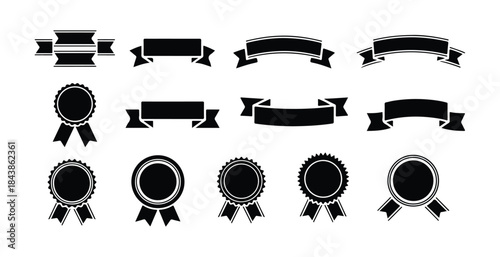 Collection of 14 black vintage blank ribbons and rosettes award seals on white background