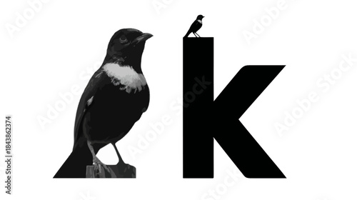 Black bird perched next to a large letter K with a tiny bird on top, stark black and white graphic composition