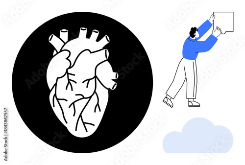 Anatomical heart design. Anatomical details paired with conceptual human activity, showing creativity and human connection. Ideal for education, art, healthcare, storytelling, design works
