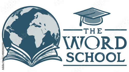 Global education concept logo with open book, world globe, and academic graduation cap symbolizing learning and knowledge.