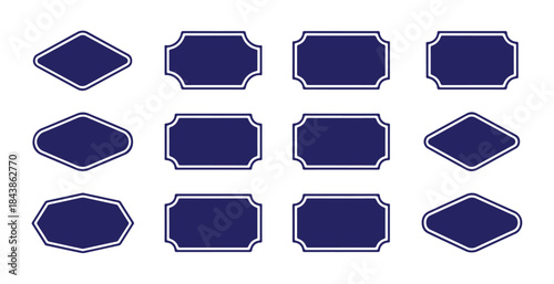 Collection of twelve dark blue blank decorative vintage style label frames isolated on white background