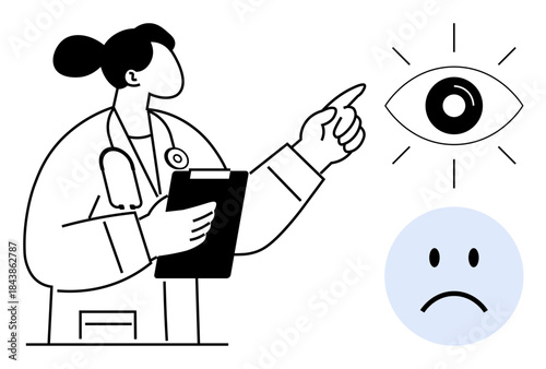 Eye health concept. Eye health communication with a doctor, visual elements, and sad emotion. Eye health awareness in medical consultations, vision care, patient education, healthcare. For clinics