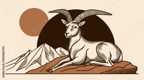 Vintage illustration of a majestic wild mountain goat or ibex with large horns resting on rocky terrain, set against an alpine peak and sun.