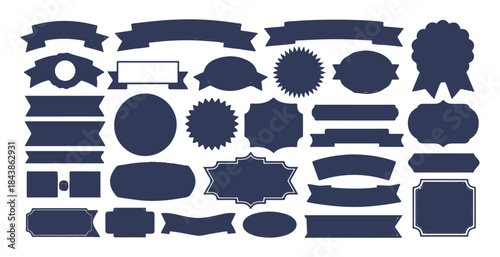 Large collection of navy blue vector silhouettes ribbons banners rosettes starbursts frames badges various shapes.