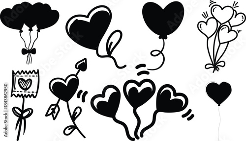 Heart balloons doodle set love celebration romance valentine day graphic icon element design sticker