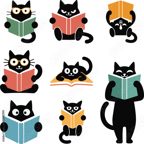 Cute Black Cat Reading Books Vector Set in Flat Cartoon Style