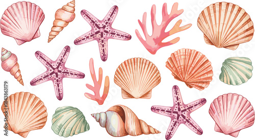 Luxury Watercolor Vector Set of Exotic Seashells, Starfish, and Coral in Pastel Tones, Ideal for Coastal Decor, Tropical Invitations, or High-End Brand Design.