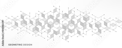Abstract geometric 3D cube structure with connected lines and dots on white background