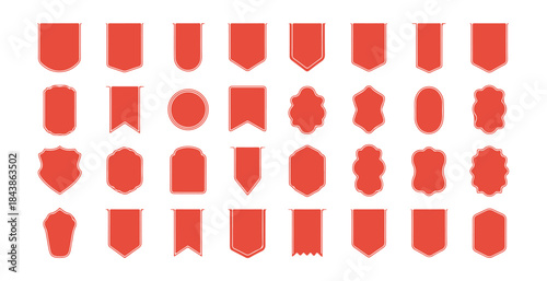 Collection of blank red badges tags shields ribbons and bookmarks set in various geometric shapes isolated on white.