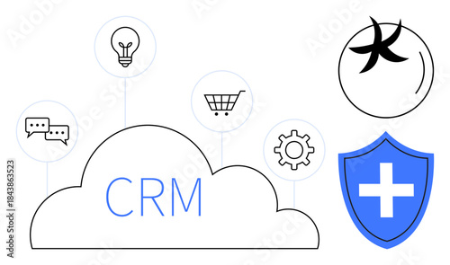 Business strategy, data management, CRM solutions, cloud computing, security technology, teamwork tools. Cloud labeled CRM with gear, shopping cart lightbulb shield and chat icons. Business