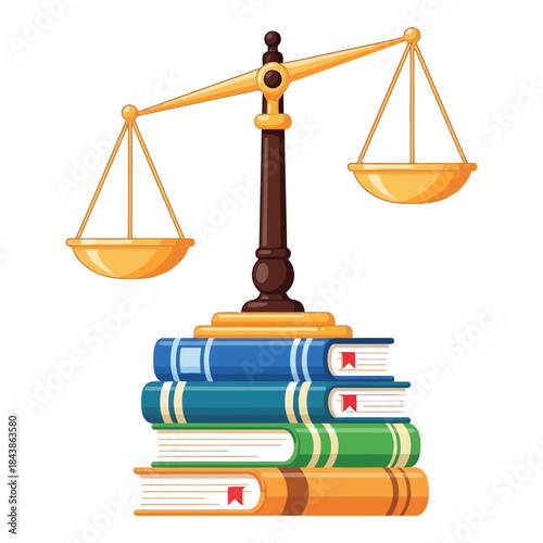 Law books and scales of justice on white background