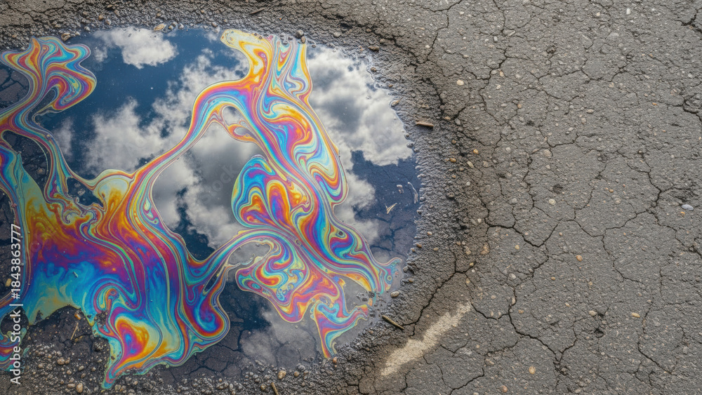 Obraz premium Oil slick on a wet asphalt surface with reflected sky and clouds. Environmental pollution concept and abstract background for graphic design.