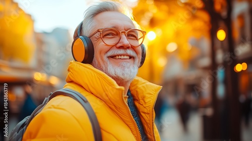 Content Emotion Serene People Wearing Headphone Listening To Music Senior Man