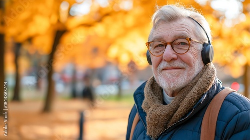 Content Emotion Serene People Wearing Headphone Listening To Music Senior Man