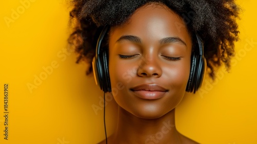 Content Emotion Relaxed People Wearing Headphone Listening To Music Young Woman