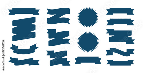 Variety of blue ribbon banners and starburst shapes decorative elements for labels badges and announcement design