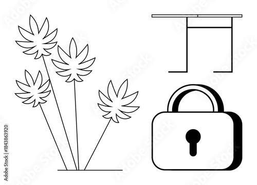 Cannabis legalization, security, indoor decor, plant identification, furniture design, modern compliance. Abstract cannabis leaves, padlock table design. Cannabis legalization and security concepts