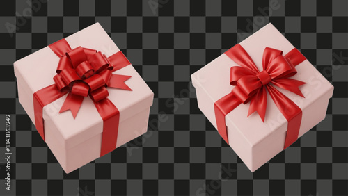 Two square pink gift boxes with large glossy red ribbons, elegant 3D rendered birthday or Christmas presents, minimalist celebration background object mockup