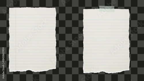 Two pieces of white lined ripped notebook paper, realistic torn paper edges with adhesive tape attached, template for note-taking or design background element