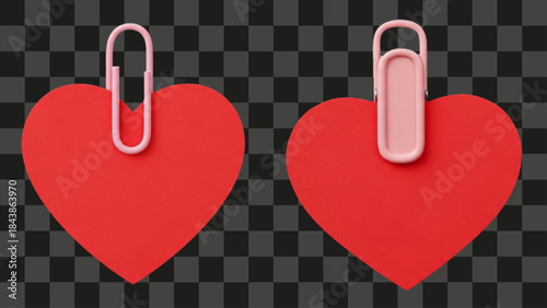 Two red heart shaped paper notes with pink plastic clips, blank sticky message card template, realistic 3D render isolated on transparent background
