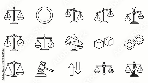 Collection of line art icons representing justice, balance, law, and decision-making concepts.