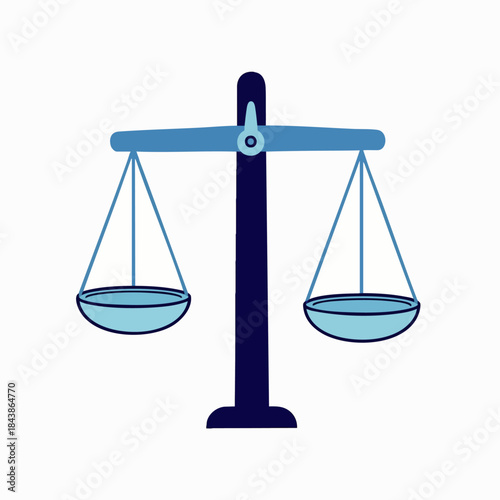 A blue and navy graphic illustration of a classic balance scale representing justice and equilibrium on a white background.