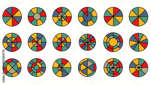 A collection of colorful circular diagrams with segmented sections representing data visualization and analytical concepts.