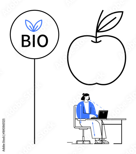 Organic product concept. Organic elements ed by a bio sign and apple outline. Organic practices align with productivity as a person works at their desk. For sustainability, health, productivity