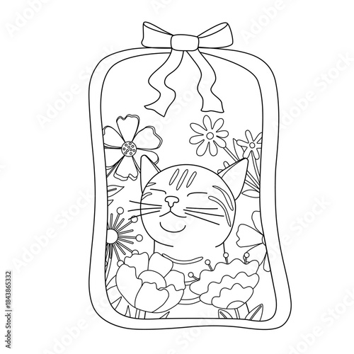 Cute coloring book with cat in flowers and ribbon frame with bow. Black outline on white background. Vector illustration for children and adults.