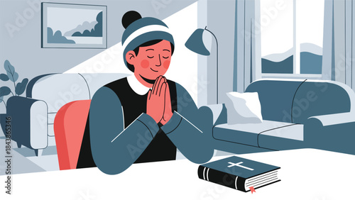 Modern flat vector illustration of a Christian person praying at home with a Bible, ideal for faith content, spiritual education, church media, and inspirational visuals