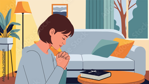 Modern flat vector illustration of a Christian person praying at home with a Bible, ideal for faith content, spiritual education, church media, and inspirational visuals