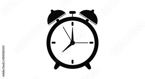 A classic black alarm clock with two bells displaying ten past ten silhouette