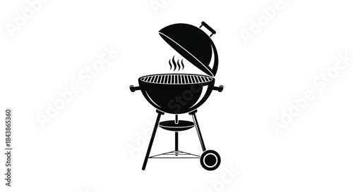 A black and white depiction of a classic round barbecue grill with rising smoke silhouette