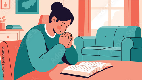 Modern flat vector illustration of a Christian person praying at home with a Bible, ideal for faith content, spiritual education, church media, and inspirational visuals