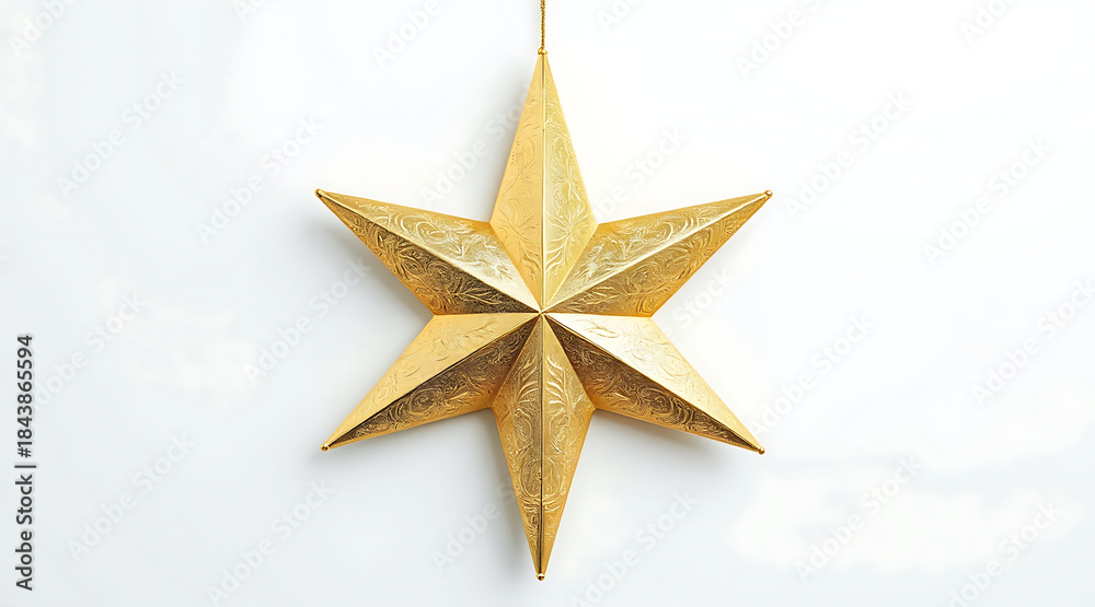 Obraz premium Golden star ornament Christmas star hanging decoration metallic star holiday decor festive ornament embossed metal six point star studio product