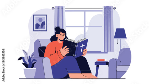 Modern flat vector illustration of a Christian reading the Bible calmly, ideal for religious education, devotional content, church media, and spiritual inspiration
