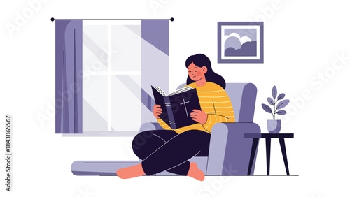 Modern flat vector illustration of a Christian reading the Bible calmly, ideal for religious education, devotional content, church media, and spiritual inspiration