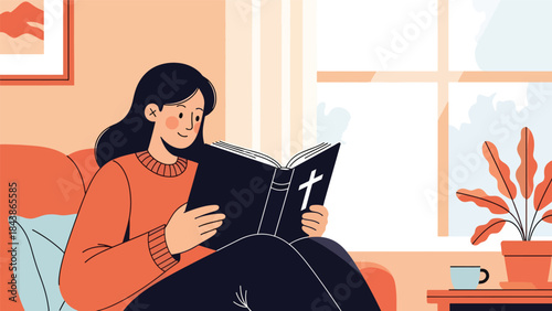 Modern flat vector illustration of a Christian reading the Bible calmly, ideal for religious education, devotional content, church media, and spiritual inspiration