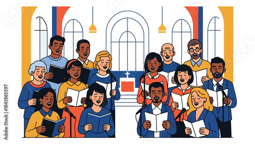 Modern flat vector illustration of a Christian church choir singing worship songs, ideal for music ministry visuals, church media, and faith-based promotions