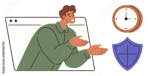 Person gesturing from browser window, clock highlighting time management, shield representing security. Ideal for technology, communication, online business, time, safety, trust digital reliability