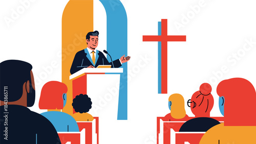 Flat vector illustration of a Christian pastor preaching a sermon in church, ideal for religious education, church events, ministry content, and faith visuals