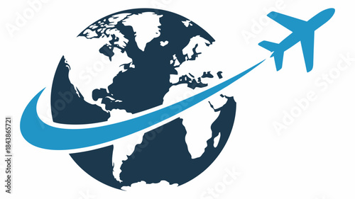 Global travel airplane flight around earth globe logo concept vector illustration for international tourism, aviation branding, world transport identity, airline emblem, modern business symbol design.