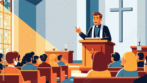 Flat vector illustration of a Christian pastor preaching a sermon in church, ideal for religious education, church events, ministry content, and faith visuals